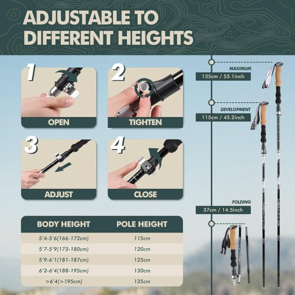 GPTCAMP Nordic Walking Stick, TPZ-1, 2pc Folding Collapsible Hiking Poles with Metal Quick Lock, Cork Handle, Lightweight 7075 Aluminum Trekking Poles for Seniors Women Men Hiking Gear - Image 3
