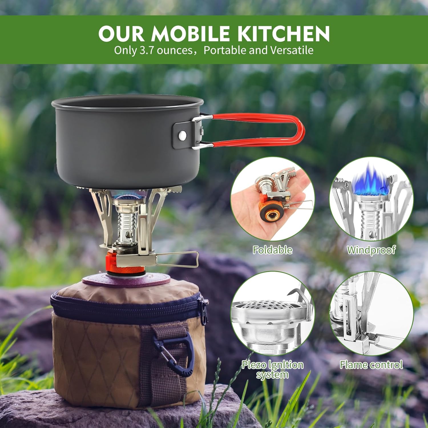 Portable Camping Stove Backpacking Stove, Specialized Camping Stove with Piezo Ignition Stable Support Wind-Resistance, Camp Stove for Camping Hiking&Outdoor Adventure Cooking - Image 3