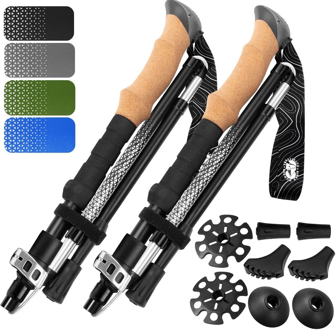 Premium Foldable Hiking Poles by USA Brand - Adjustable, Lightweight Trekking Poles Made of Aircraft Aluminum, Metal Flip Locks & Comfortable Real Cork and EVA Foam Grips