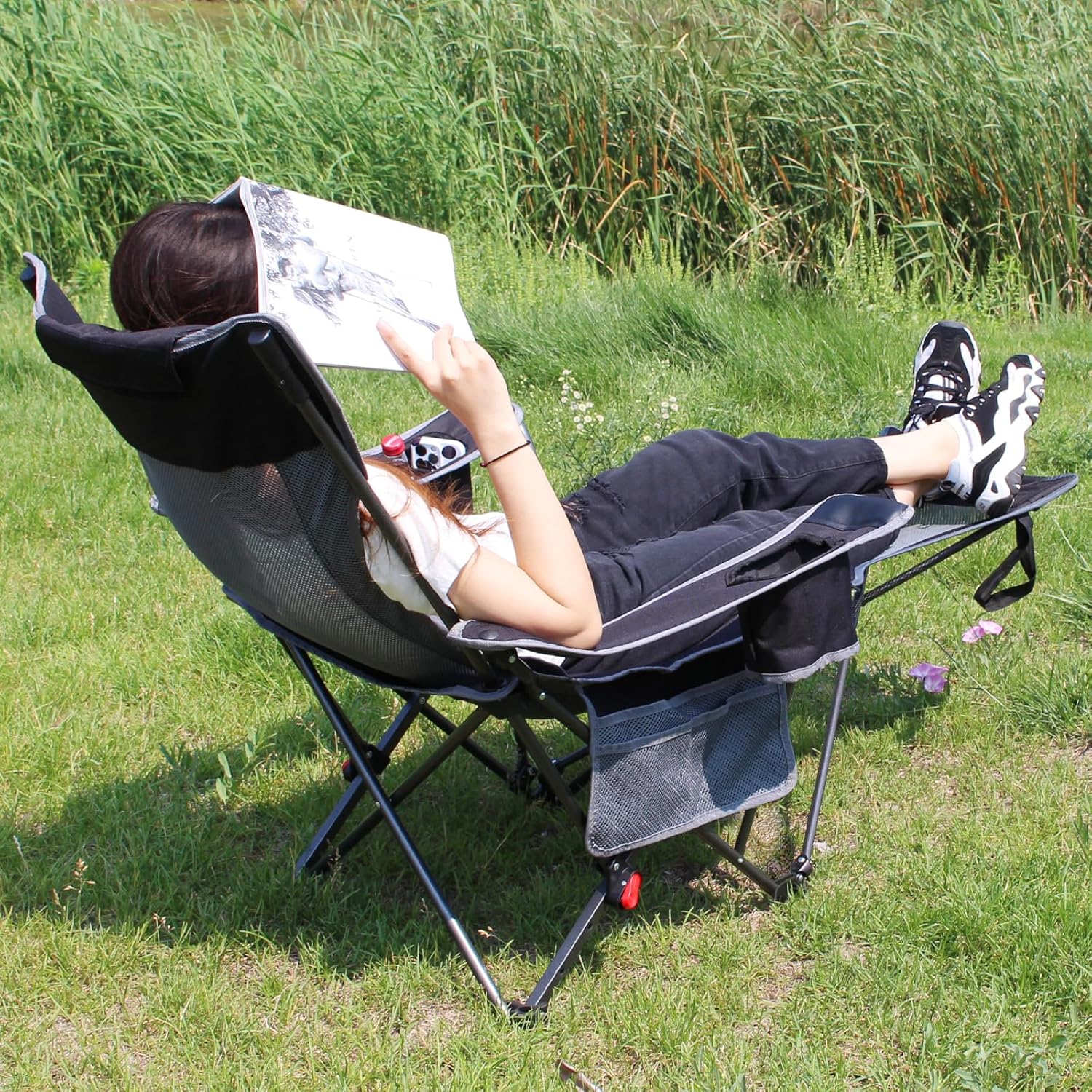 Reclining Camping Chair with Removable Footrest Lounge Chair with Headrest, Cotton Cushion, Portable Adjustable Folding Chairs for Adults - Image 2