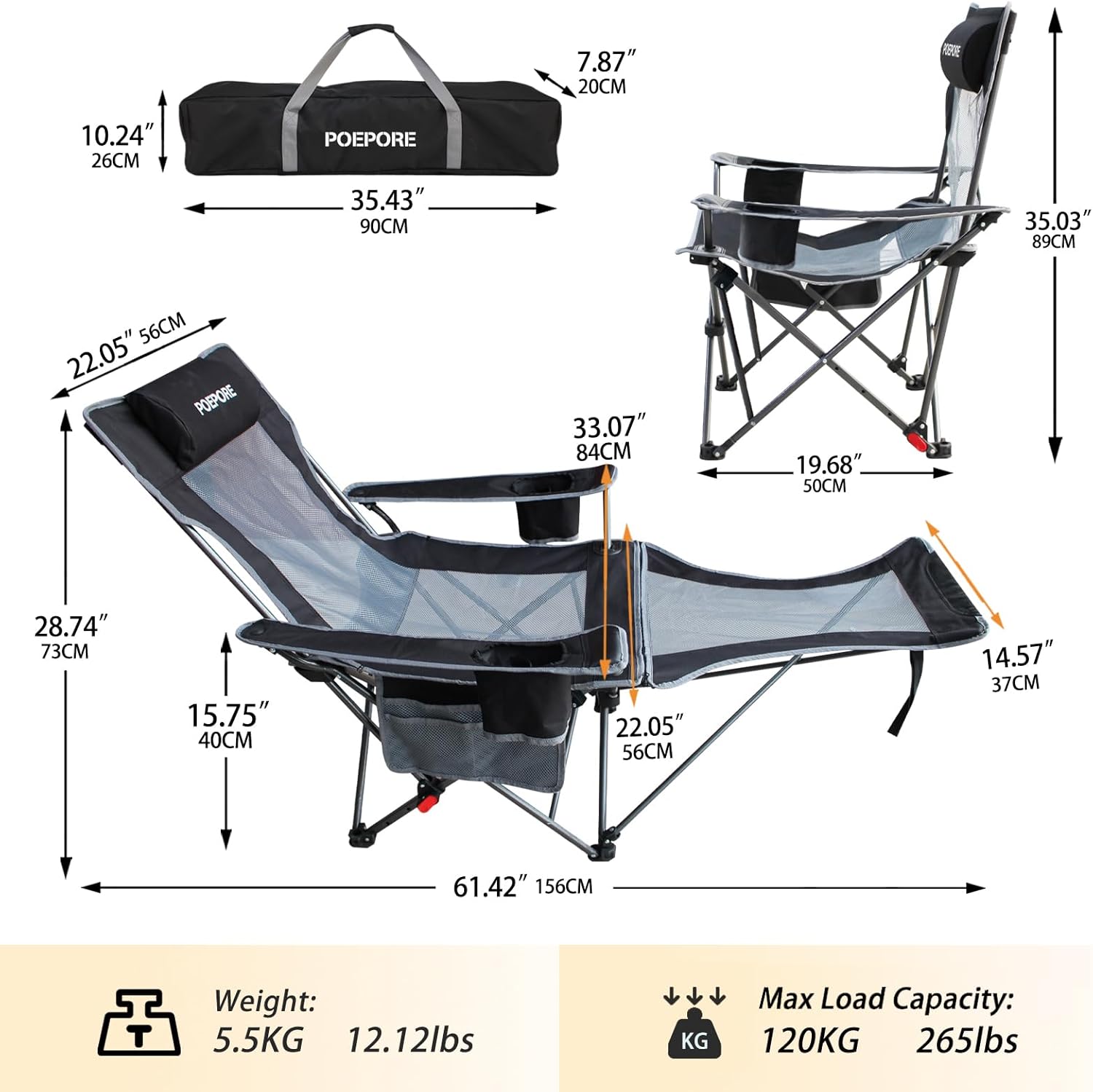 Reclining Camping Chair with Removable Footrest Lounge Chair with Headrest, Cotton Cushion, Portable Adjustable Folding Chairs for Adults - Image 3