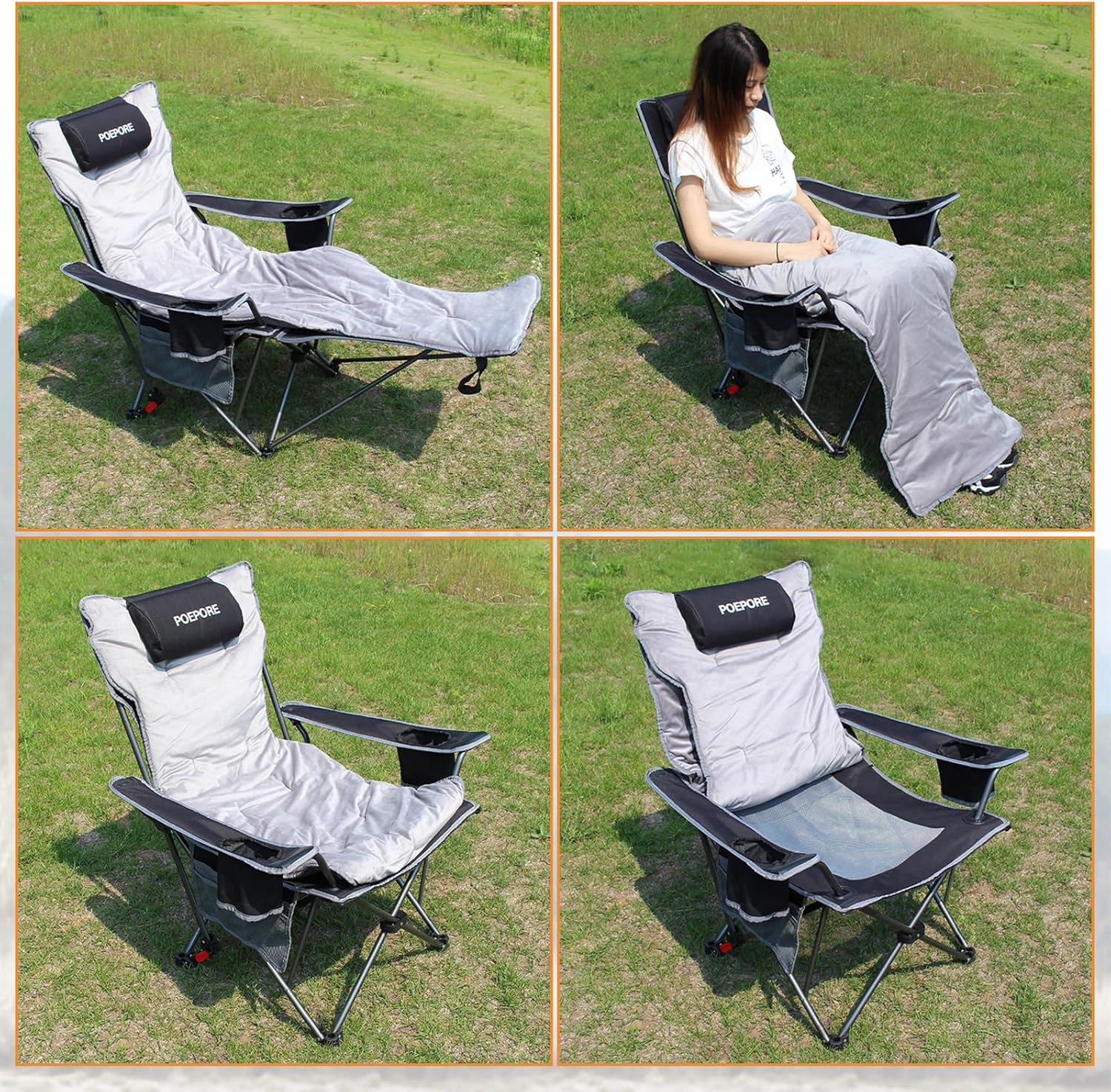 Reclining Camping Chair with Removable Footrest Lounge Chair with Headrest, Cotton Cushion, Portable Adjustable Folding Chairs for Adults - Image 5