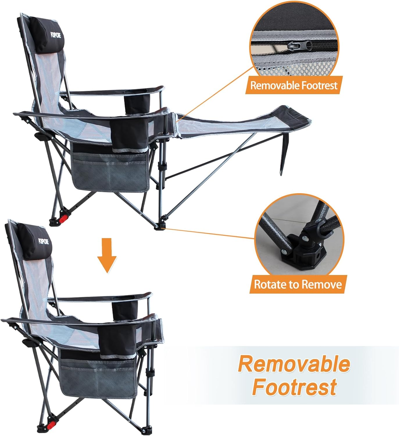 Reclining Camping Chair with Removable Footrest Lounge Chair with Headrest, Cotton Cushion, Portable Adjustable Folding Chairs for Adults - Image 7