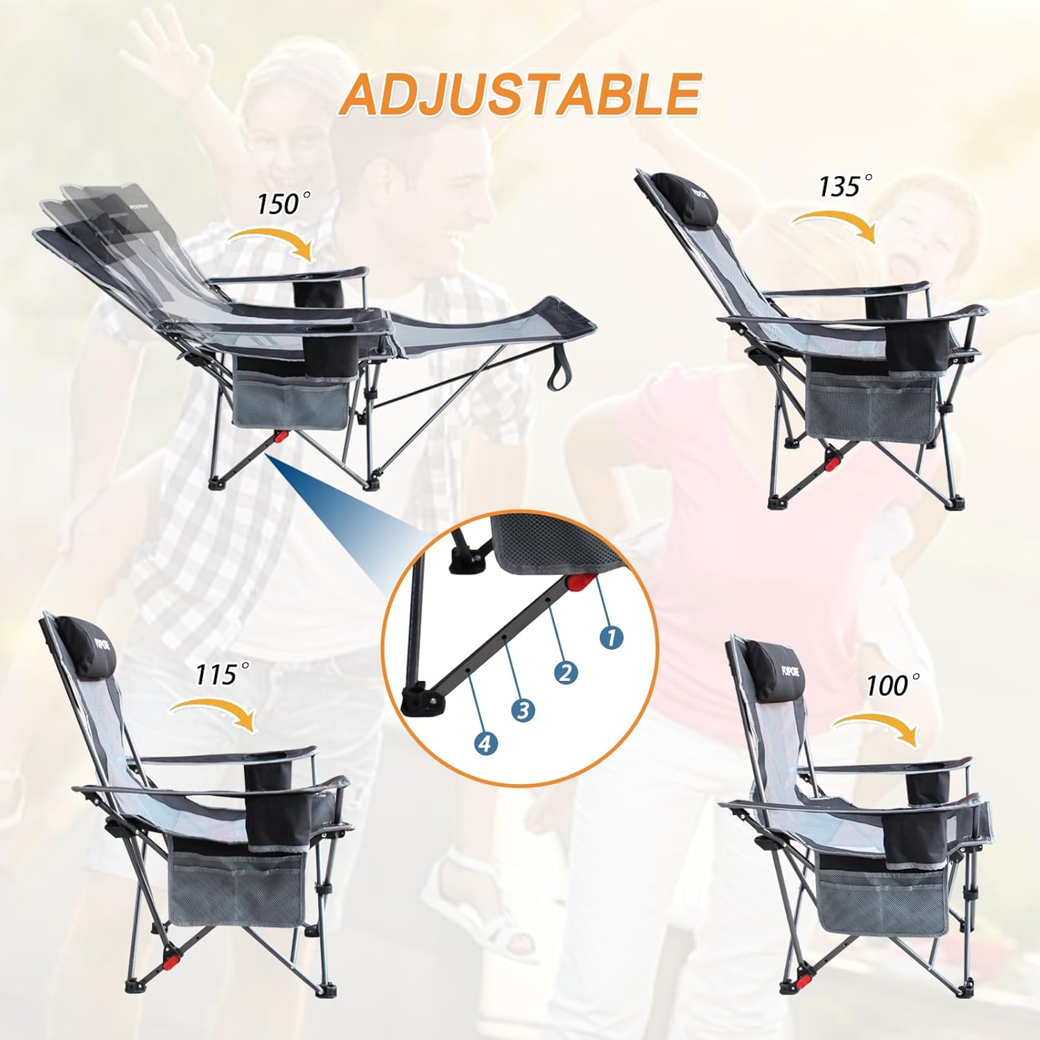Reclining Camping Chair with Removable Footrest Lounge Chair with Headrest, Cotton Cushion, Portable Adjustable Folding Chairs for Adults - Image 8